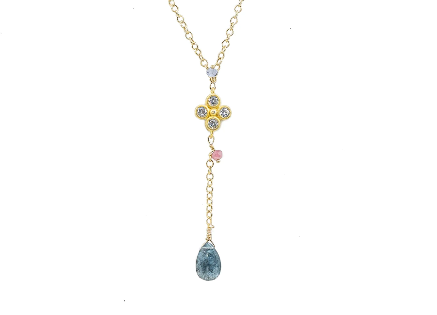 Iolite Teardrop stone and clover charm with Aquamarine and Pink Tourmaline Accent Stones. CUSTOM DESIGN is available.