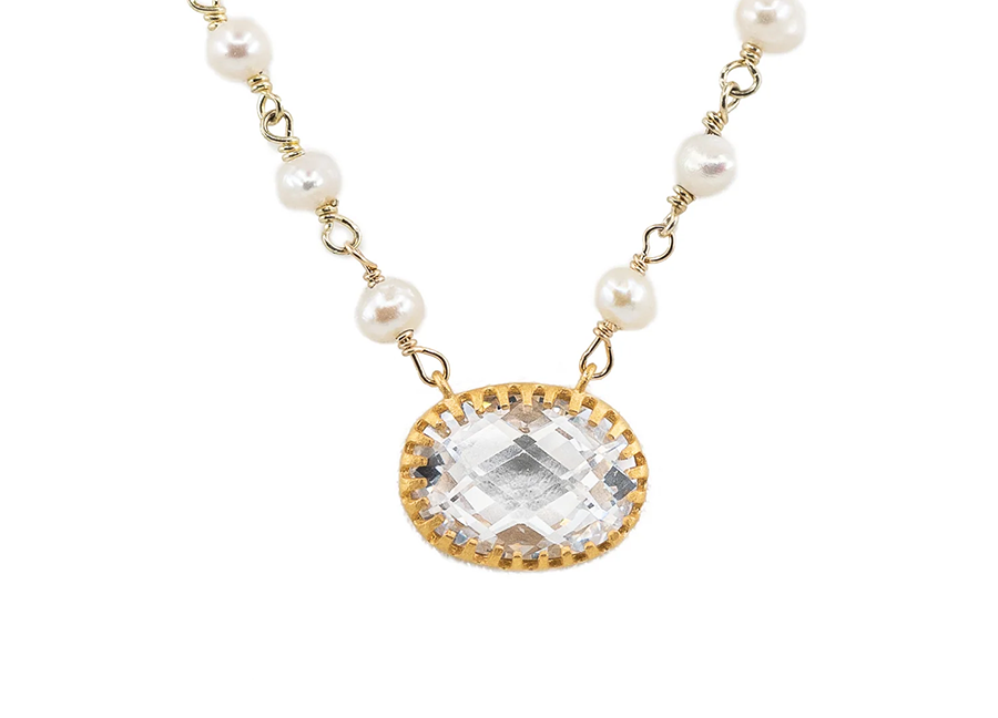 Fresh water pearl chain with Oval Cubic Zirconia charm