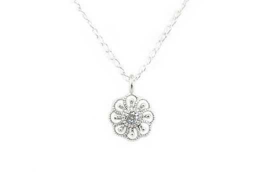 Aventurine Silver Daisy charm with Cubic Zirconia Stone on a Sterling Silver chain
