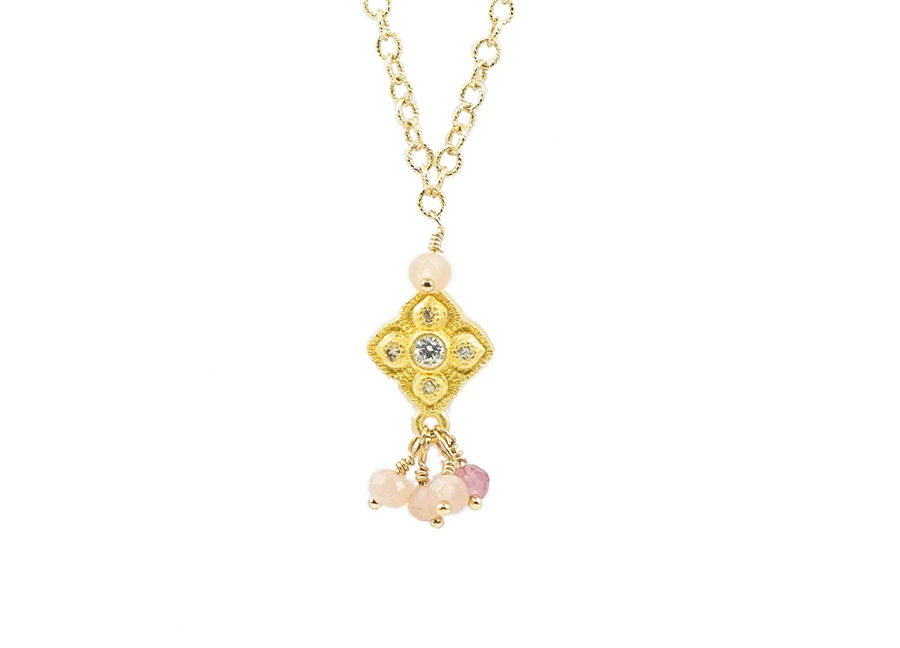 Vermeil Charm with Peach Moonstone beads on 14K Gold filled chain