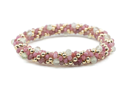 Semi Precious Cluster bracelet with Natural Ruby and Prehnite Stones