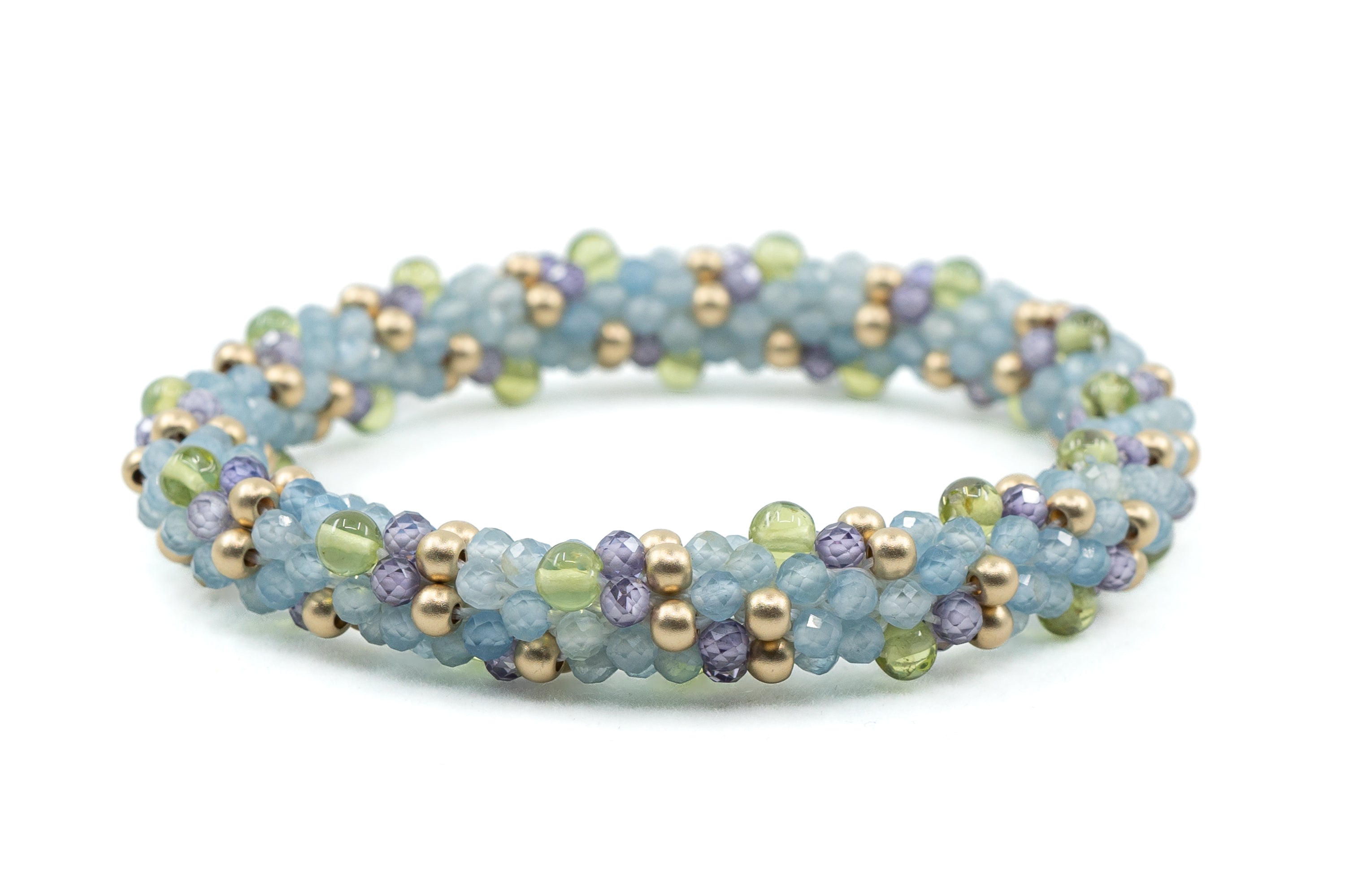 Semi Precious Cluster bracelet with Aquamarine, Peridot and lavender Cubic Zirconia
