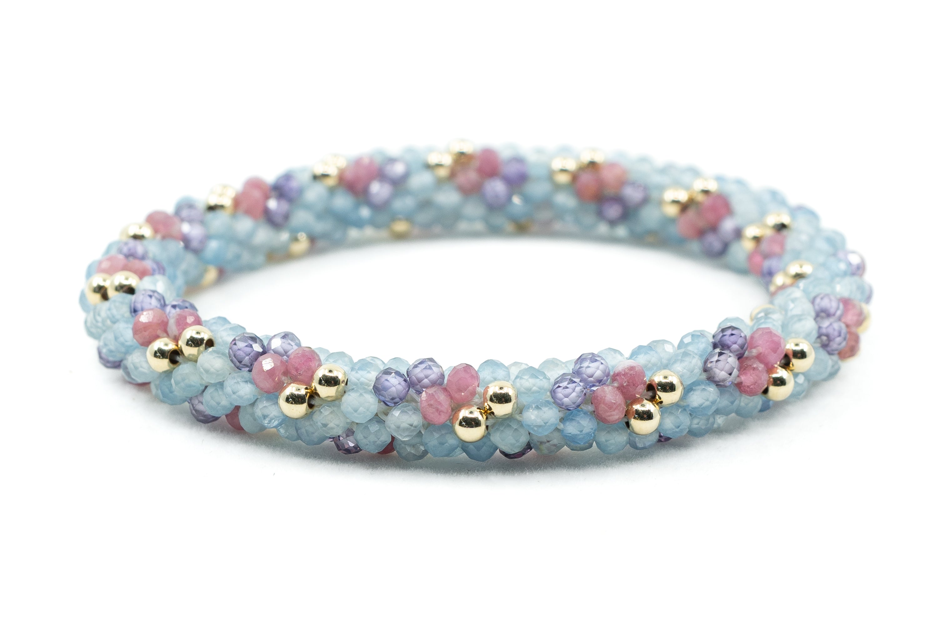 Semi Precious Cluster bracelet with Aquamarine, Pink Tourmaline and lavender Cubic Zirconia