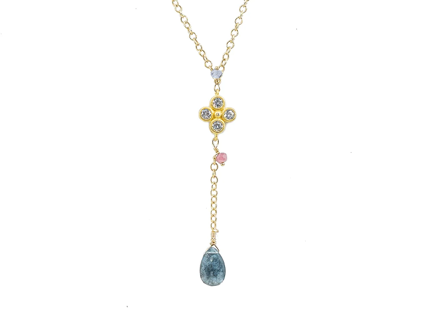 Iolite Teardrop stone and clover charm with Aquamarine and Pink Tourmaline Accent Stones.  CUSTOM DESIGN is available.