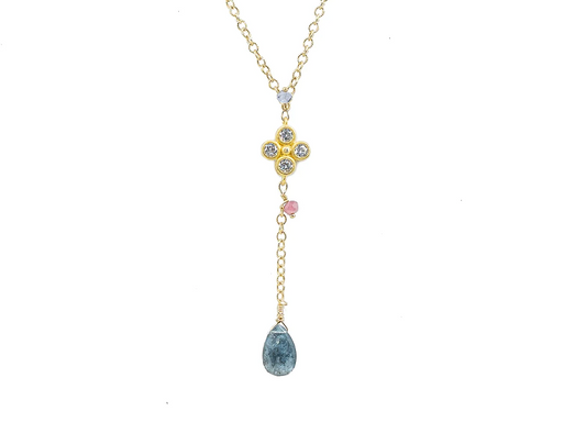 Iolite Teardrop stone and clover charm with Aquamarine and Pink Tourmaline Accent Stones.  CUSTOM DESIGN is available.