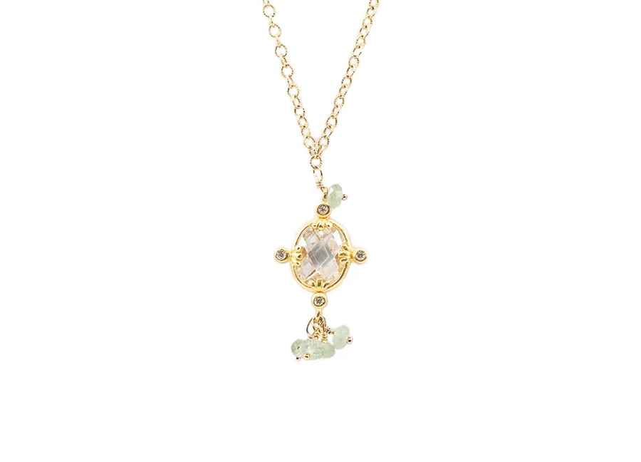 Cubic Zirconia Stone with aquamarine beads on 14K Gold Filled Chain