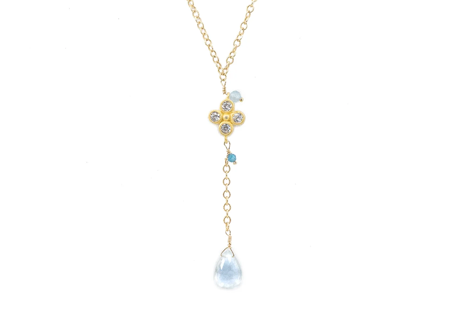 Aquamarine stones and clover charm on 14 K Gold filled stones - CUSTOM DESIGN AVAILABLE